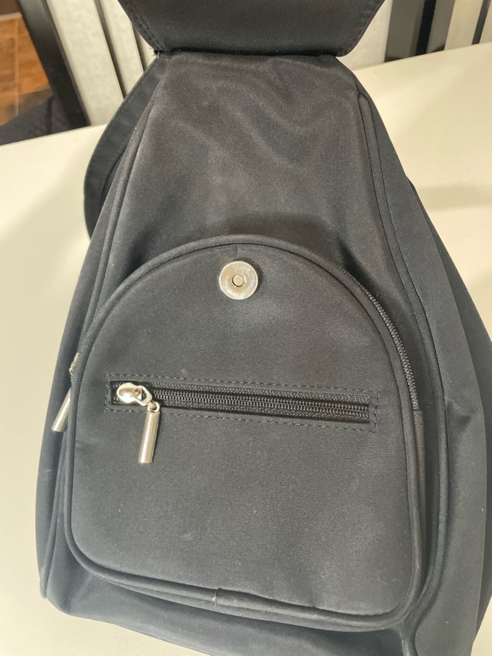 Minimalist Black Nylon Sling Bag| Crossbody Chest Pack With Silver Hardware - Picture 8 of 12
